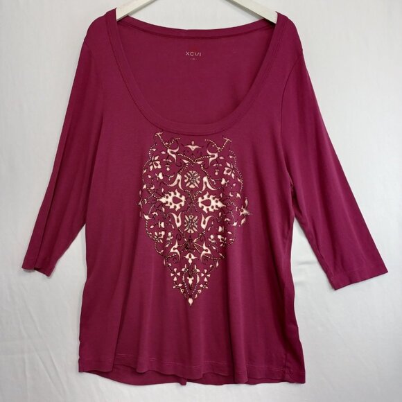 XCVI Top Maroon Scoop Neck Long Sleeve Tee Shirt Medallion Print Womens 1X - Picture 2 of 7